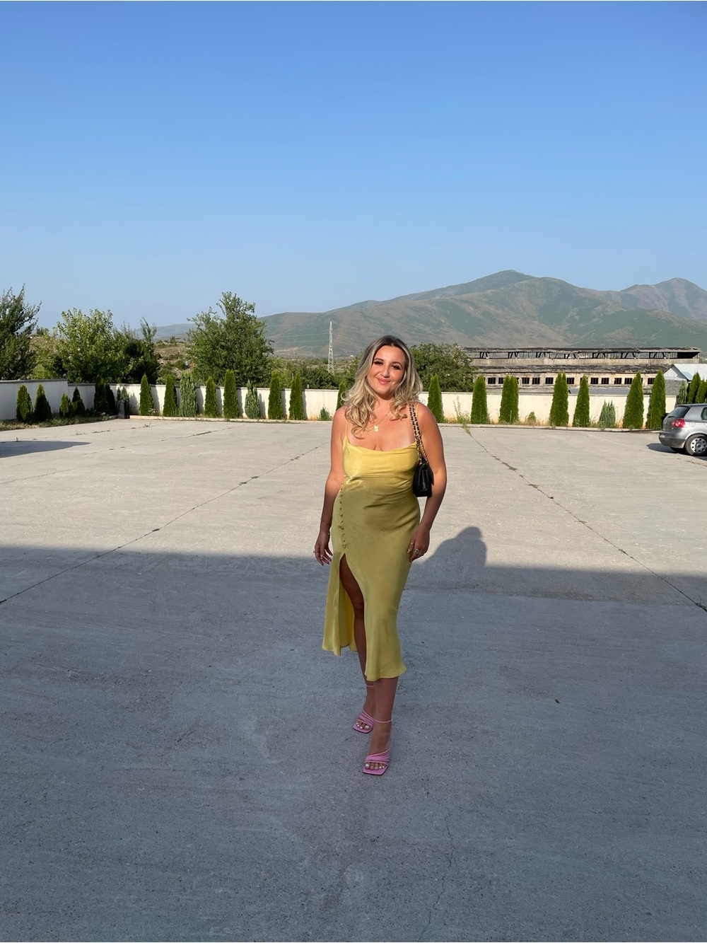 Zara Yellow Satin Midi Dress with Side Slit
